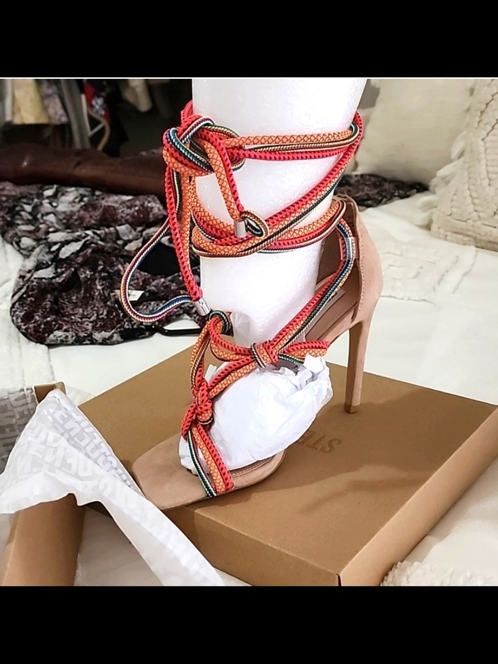 Steve Madden Nude Stiletto Sandal with Multicolor Rope Wraps